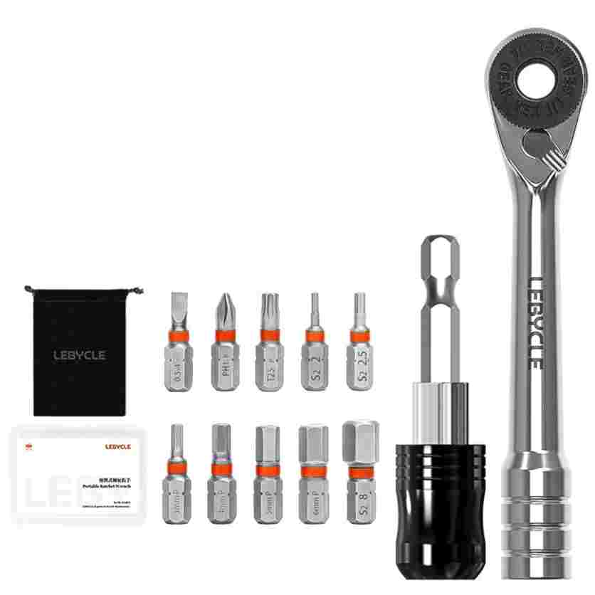 LEBYCLE Llave de carraca MINI RW02 con 10 puntas, prolongador y bolsa.